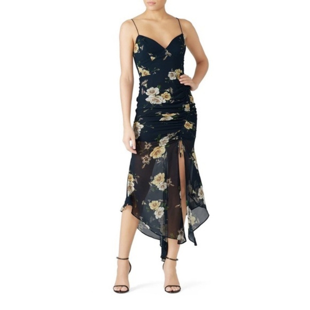 NICHOLAS ASYMMETRIC RUCHED PRINTED SILK-GEORGETTE MIDI SLIP DRESS PETROL